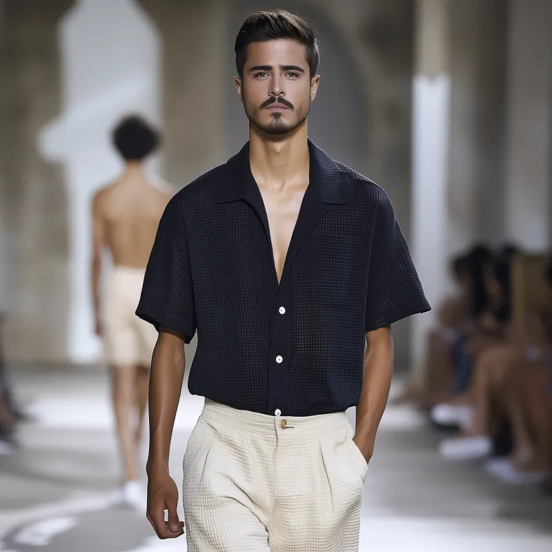 Men's Casual Breathable Cotton Blend Waffle Lapel Patch Pocket Loose Short Sleeve Shirt MTA0471F8M sold by Manly product image thumbnail 3