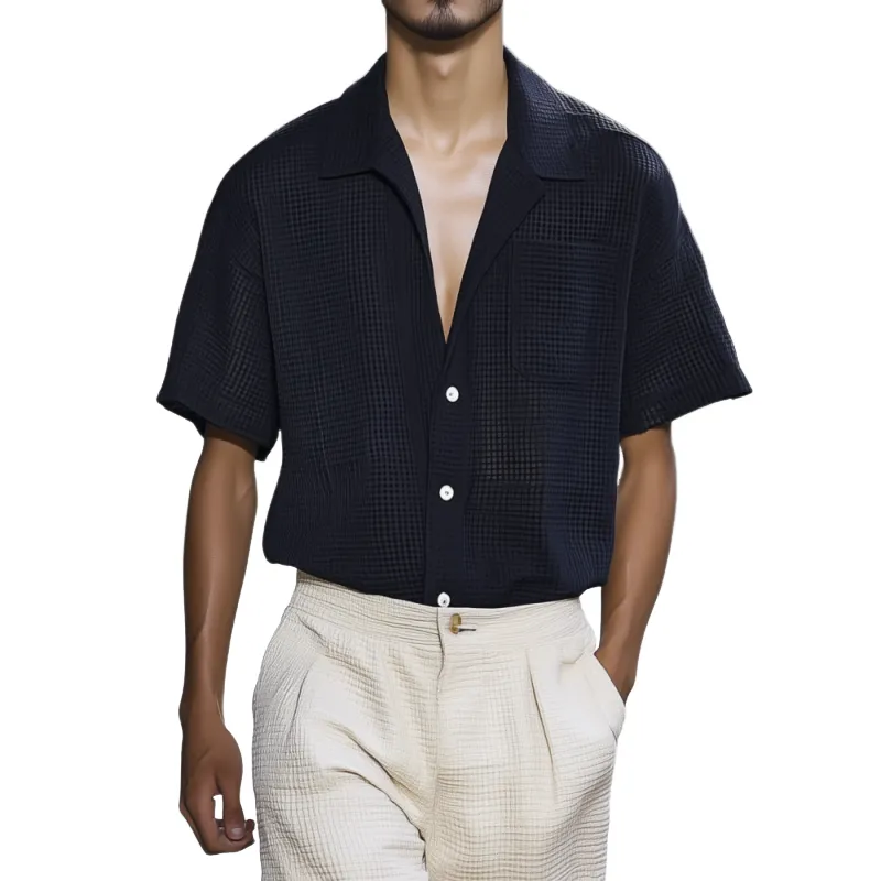 Men's Casual Breathable Cotton Blend Waffle Lapel Patch Pocket Loose Short Sleeve Shirt MTA0471F8M sold by Manly
