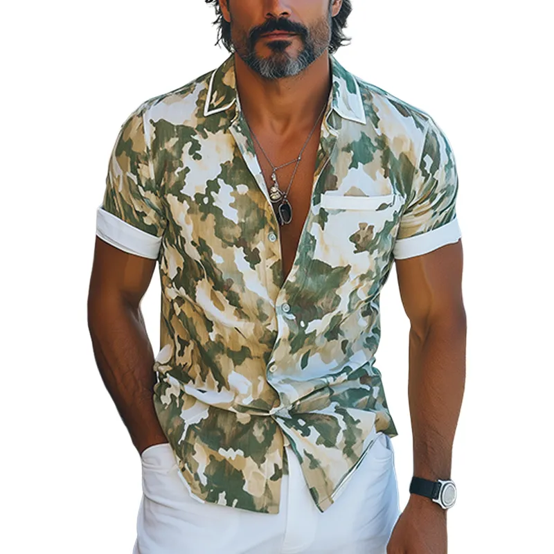 Men's Casual Fashion Holiday Style Camouflage Print Cotton And Linen Short-sleeved Shirt MTA0427F1K sold by Manly