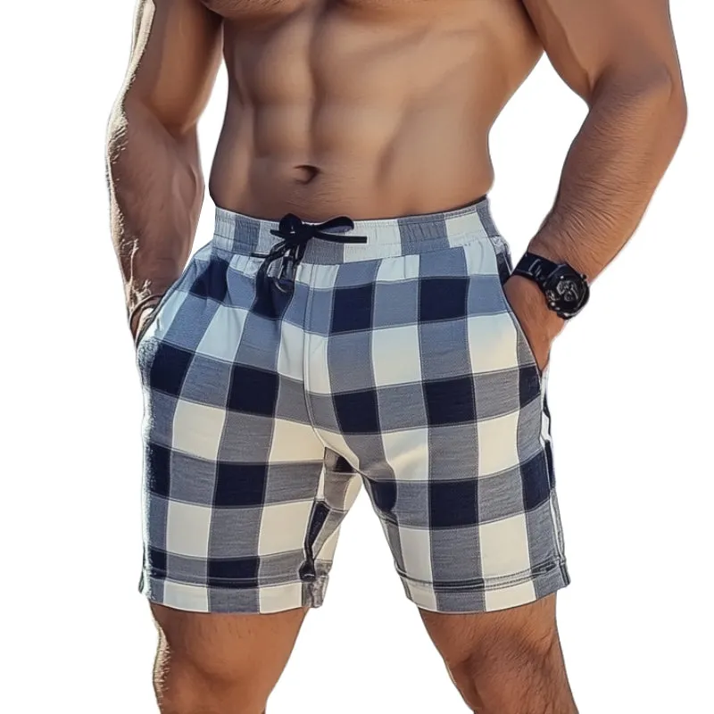 Men's Casual Breathable Cotton Linen Plaid Elastic Waist Sports Shorts MTA0565F3M sold by Manly
