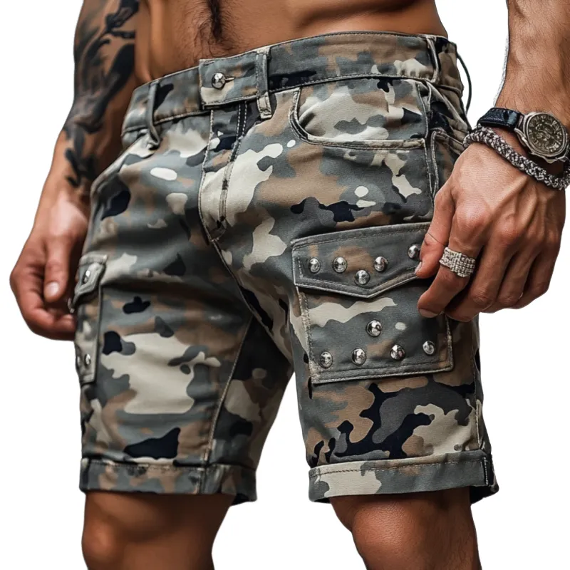 Men's Casual Outdoor Washed Cotton Camouflage Multi-Pocket Rivet Slim Shorts MTA0552F9M sold by Manly