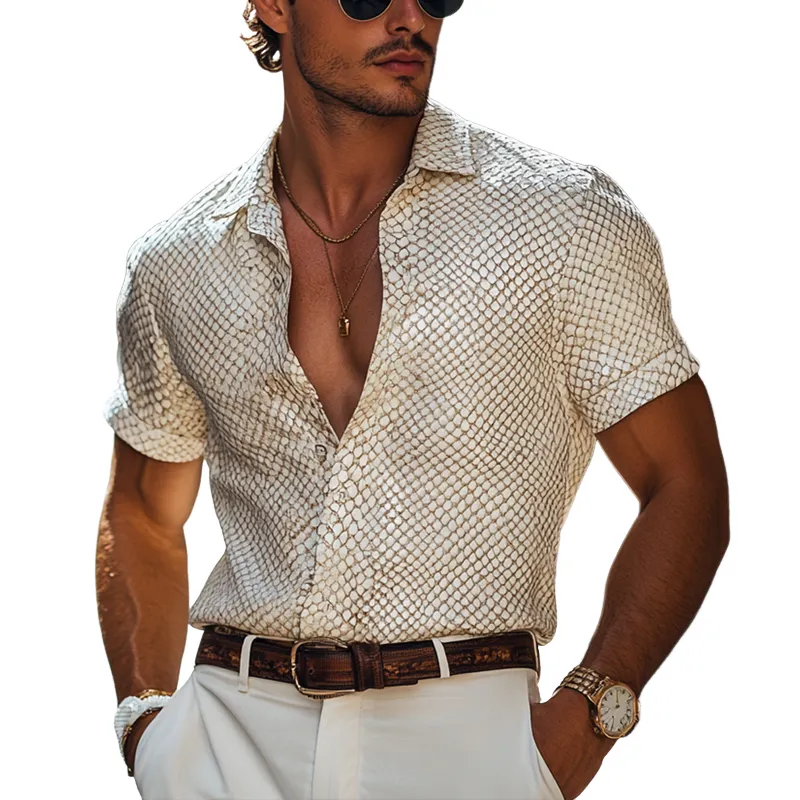 Men's Fashion Snake Pattern Faux Leather Lapel Short Sleeve Shirt MTA0597F3Z sold by Manly