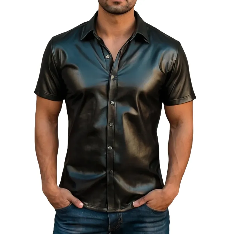 Men's Fashion Faux Leather Lapel Short Sleeve Shirt MTA0570F1Z sold by Manly