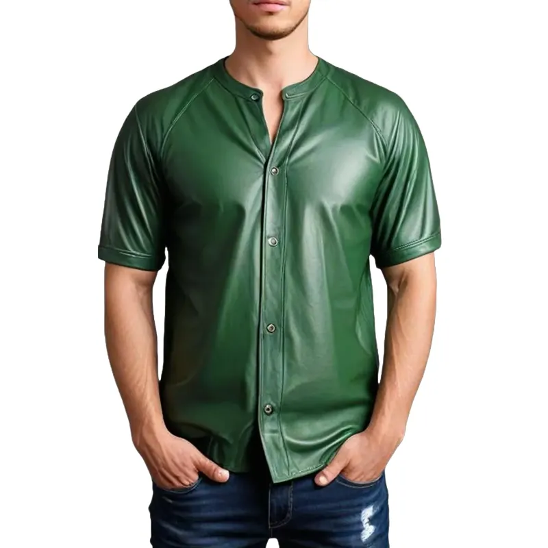 Men's Fashion Faux Leather Round Neck Short Sleeve Shirt MTA0586F9Z sold by Manly