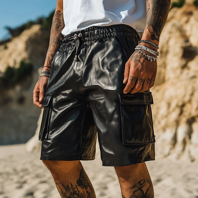 Men's Fashion Faux Leather Multi-pocket Cargo Shorts MTA0595F5Z sold by Manly product image thumbnail 2