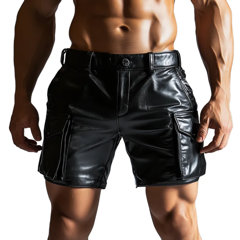 Men's Fashion Faux Leather Multi-pocket Cargo Shorts MTA0512F9Z sold by Manly