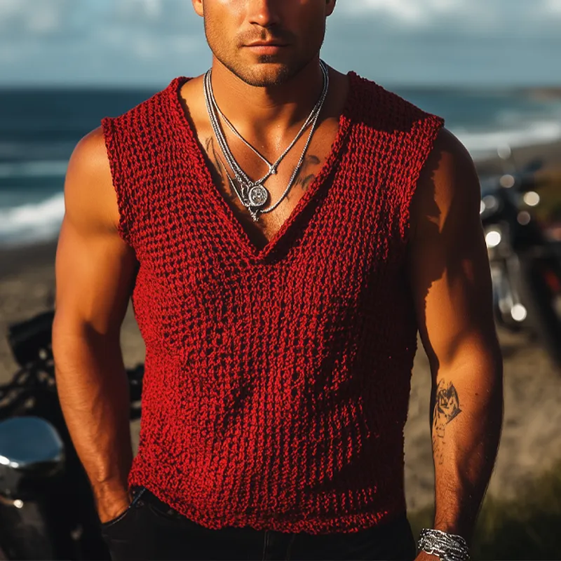 Men's Summer Solid Color V-Neck Knitted Tank Top MTA0567F5U sold by Manly product image thumbnail 2