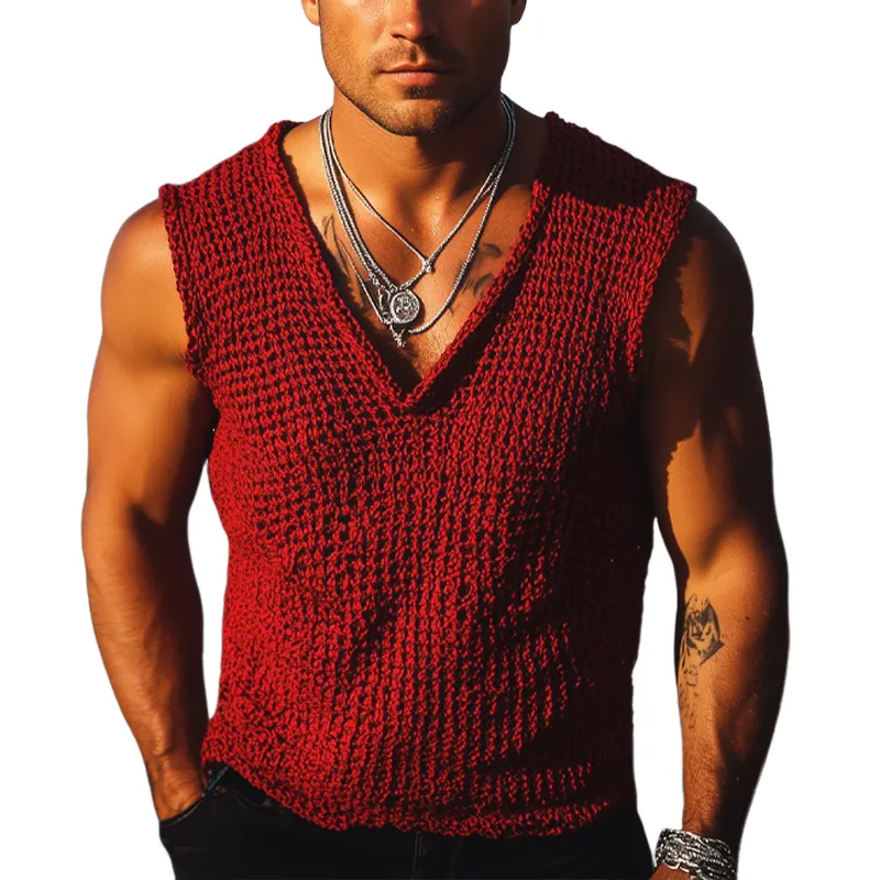 Men's Summer Solid Color V-Neck Knitted Tank Top MTA0567F5U sold by Manly