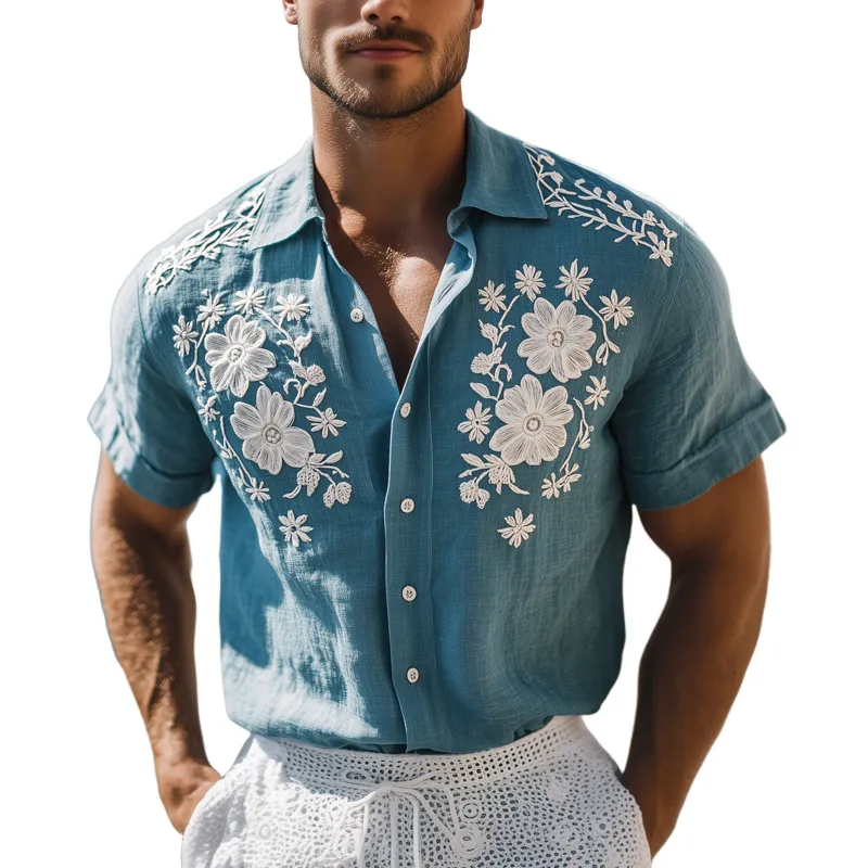 Men's White Floral Embroidered Cotton And Linen Short Sleeve Shirt MTA0538F2U sold by Manly