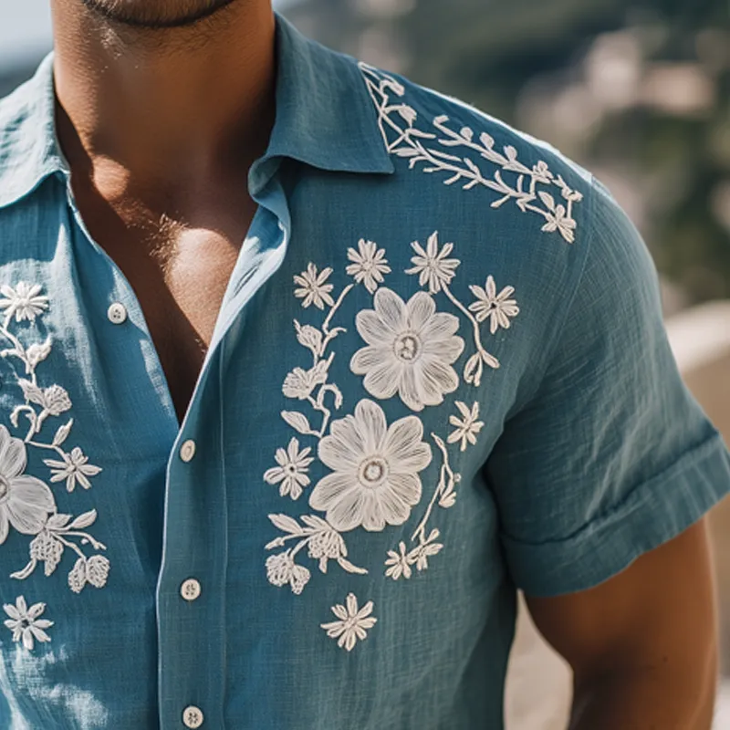 Men's White Floral Embroidered Cotton And Linen Short Sleeve Shirt MTA0538F2U sold by Manly product image thumbnail 3
