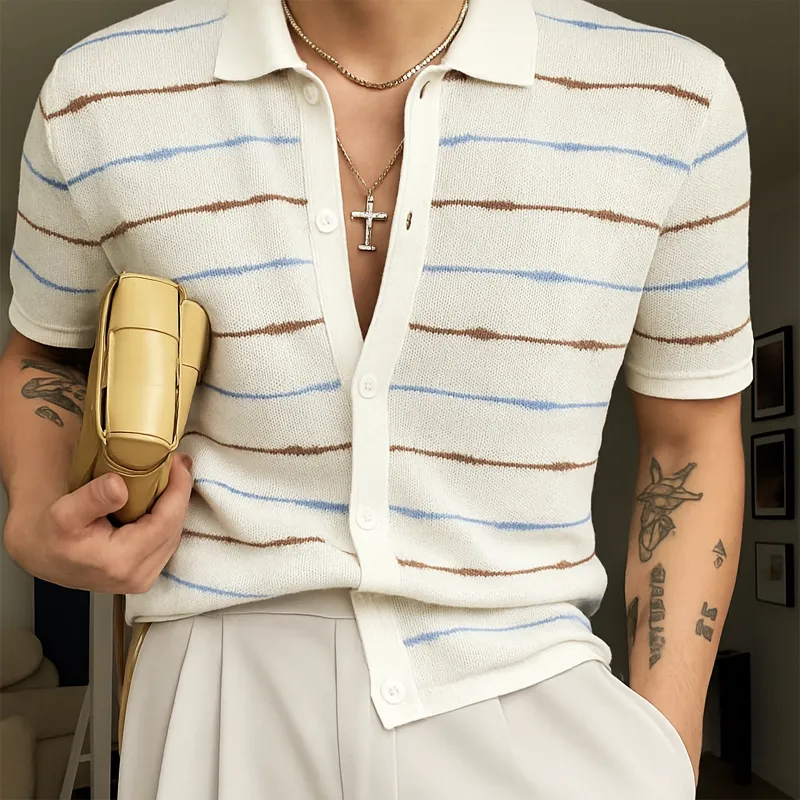 Men's Summer Casual Striped Knitted Short Sleeve Shirt MTA0533F1U sold by Manly product image thumbnail 2