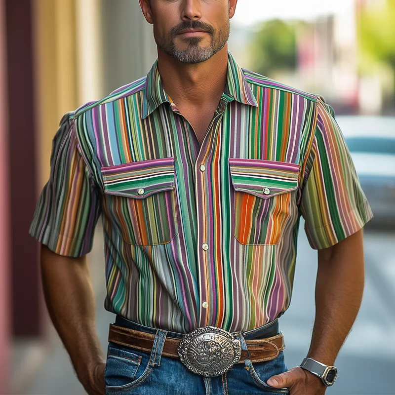 Men's Summer Casual Colorful Striped Printed Short Sleeve Shirt MTA0582F1U sold by Manly product image thumbnail 2