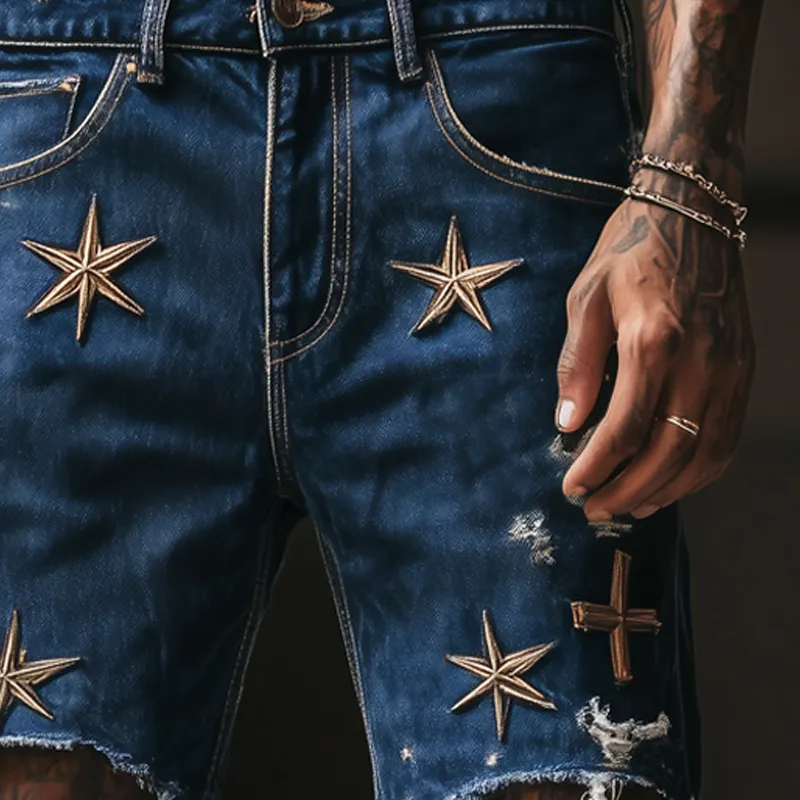 Men's Summer Embroidered Ripped Denim Shorts MTA0459F3U sold by Manly product image thumbnail 3