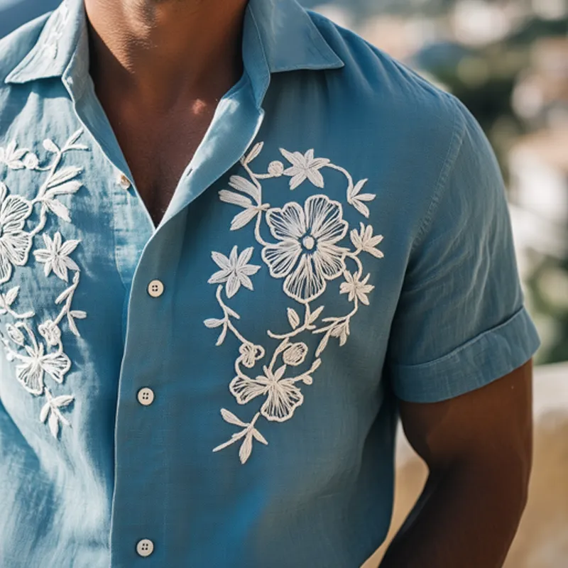 Men's Summer Floral Embroidered Cotton And Linen Beach Shirt MTA0506F8U sold by Manly product image thumbnail 3