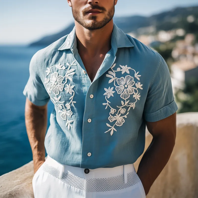 Men's Summer Floral Embroidered Cotton And Linen Beach Shirt MTA0506F8U sold by Manly product image thumbnail 2