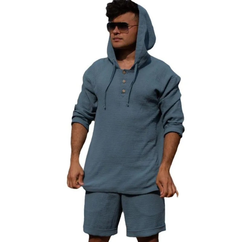 Men's Casual Solid Color Cotton Linen Loose Long-sleeved Hoodie Shorts Set 23689715M sold by Manly