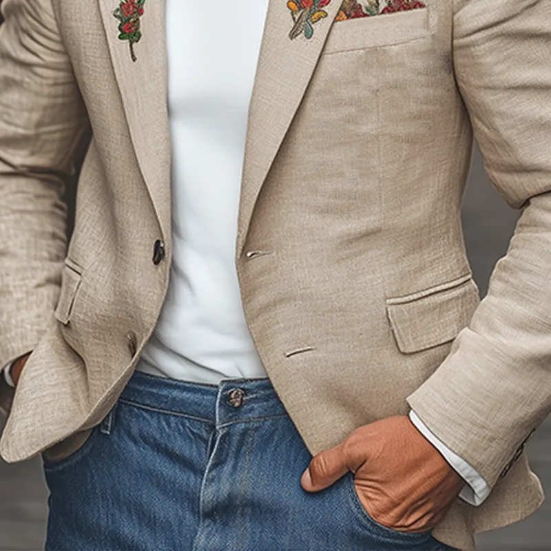 Men's Classic Casual Spring Thin Cotton And Linen Embroidery Slim Fit Single Breasted Blazer MTA0754F3K sold by Manly product image thumbnail 5