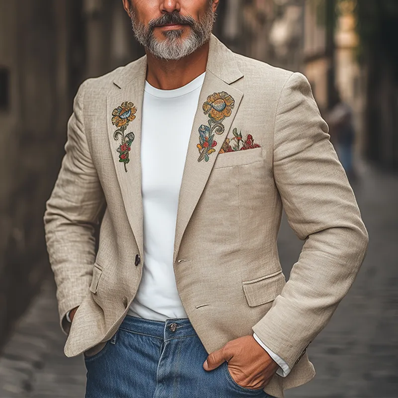 Men's Classic Casual Spring Thin Cotton And Linen Embroidery Slim Fit Single Breasted Blazer MTA0754F3K sold by Manly product image thumbnail 2