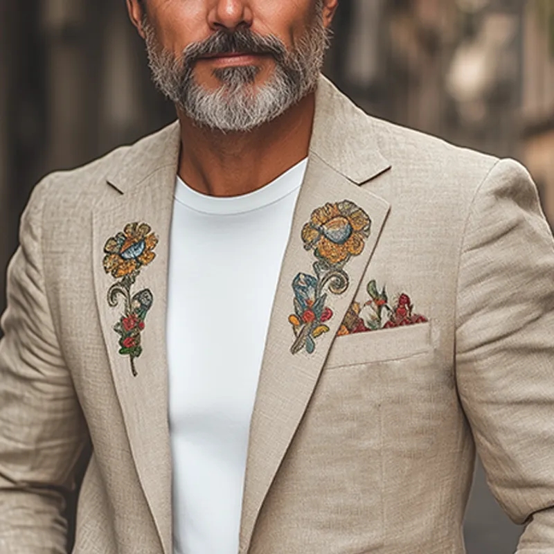 Men's Classic Casual Spring Thin Cotton And Linen Embroidery Slim Fit Single Breasted Blazer MTA0754F3K sold by Manly product image thumbnail 4