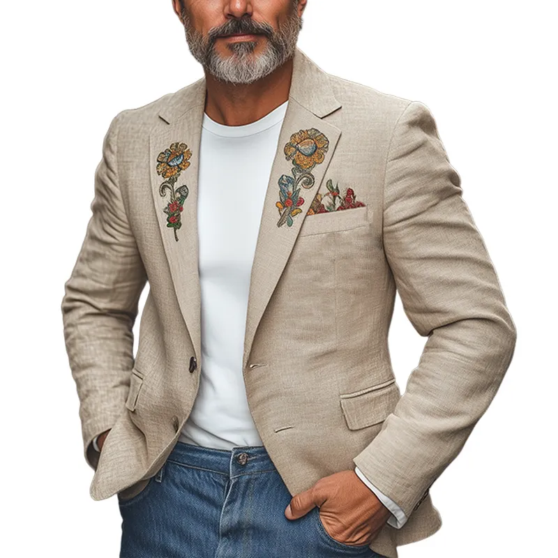 Men's Classic Casual Spring Thin Cotton And Linen Embroidery Slim Fit Single Breasted Blazer MTA0754F3K sold by Manly