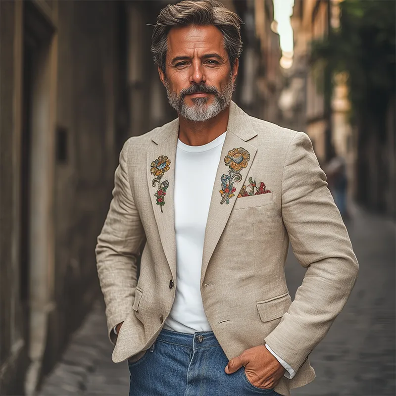 Men's Classic Casual Spring Thin Cotton And Linen Embroidery Slim Fit Single Breasted Blazer MTA0754F3K sold by Manly product image thumbnail 3