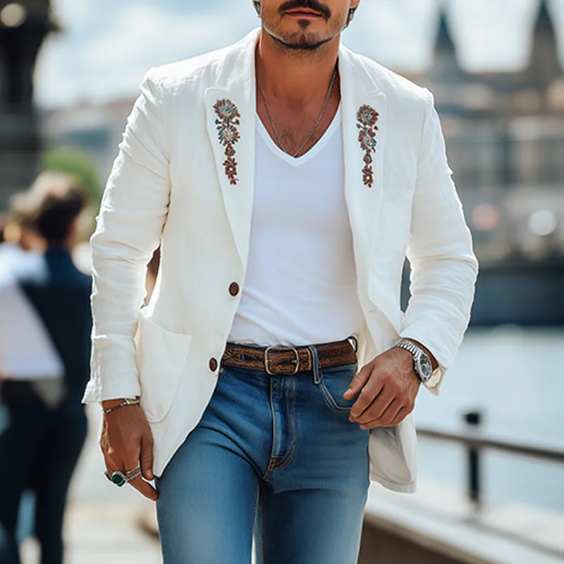Men's Casual Fashion Spring And Summer Thin Cotton And Linen Embroidered Single-breasted Blazer MTA0757F7K sold by Manly product image thumbnail 2