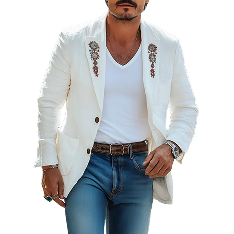Men's Casual Fashion Spring And Summer Thin Cotton And Linen Embroidered Single-breasted Blazer MTA0757F7K sold by Manly