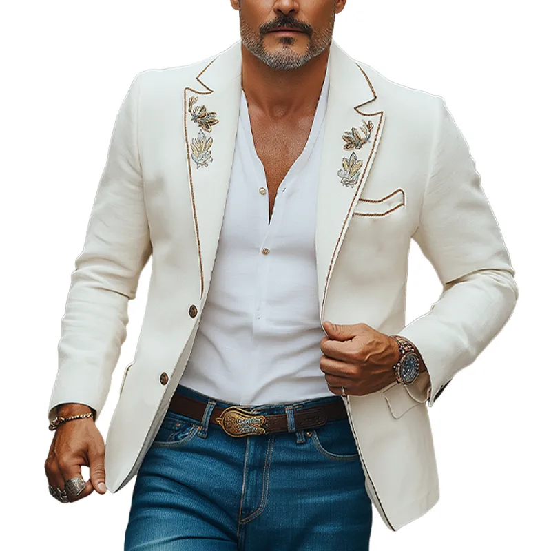 Men's Classic Retro Collar Lock Edge Embroidery Event Party Cotton And Linen Slim Single Breasted Blazer MTA0719F2K sold by Manly