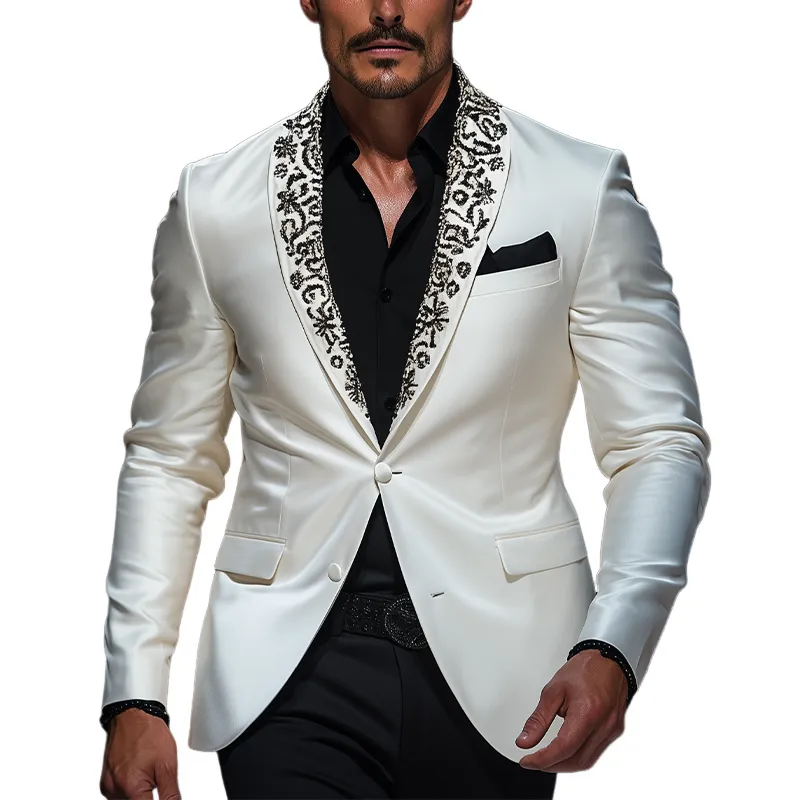 Men's Classic Retro Shawl Collar Embroidery Event Party Satin Slim Fit Single Breasted Blazer MTA0708F7K sold by Manly
