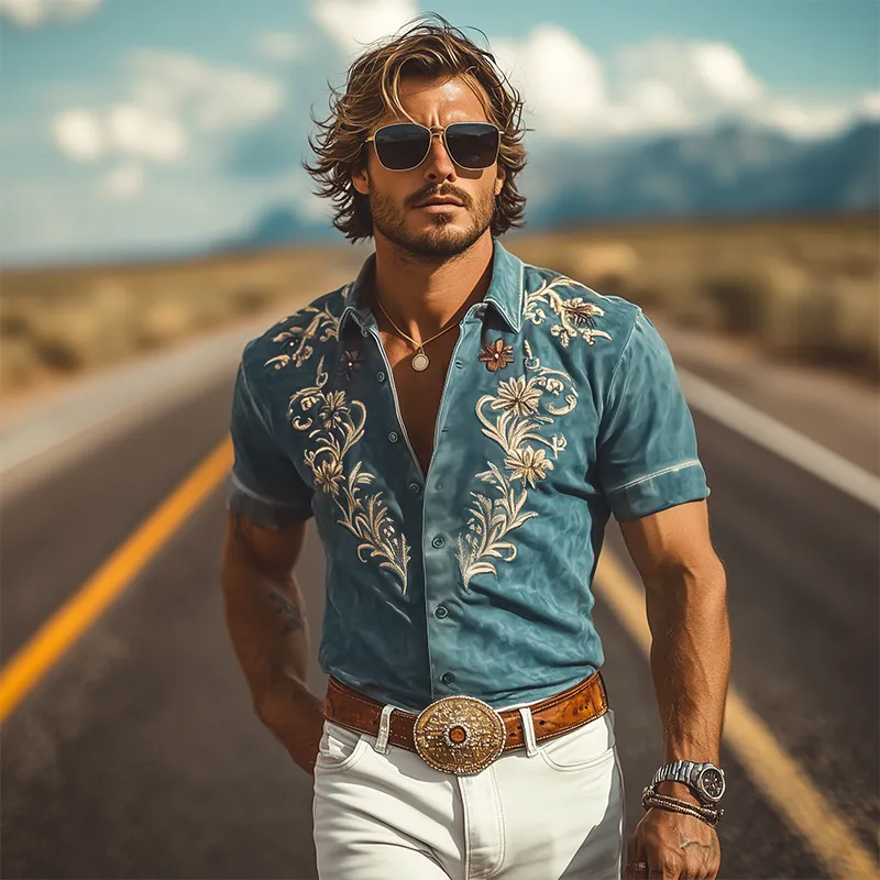 Men's Fashion Casual American Retro Western Tough Style Thin Suede Embroidered Slim Short-sleeved Shirt MTA0772F2K sold by Manly product image thumbnail 3