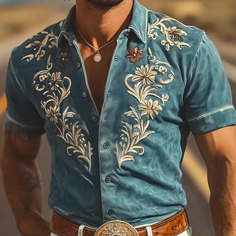 Men's Fashion Casual American Retro Western Tough Style Thin Suede Embroidered Slim Short-sleeved Shirt MTA0772F2K sold by Manly product image thumbnail 4