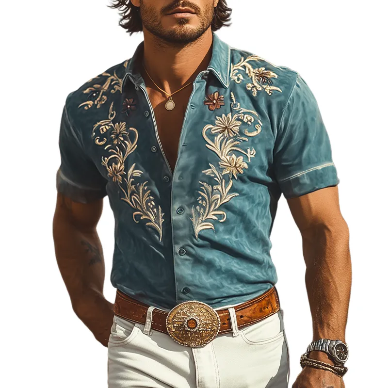 Men's Fashion Casual American Retro Western Tough Style Thin Suede Embroidered Slim Short-sleeved Shirt MTA0772F2K sold by Manly