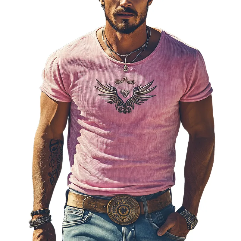 Men's Fashion Casual American Retro Western Tough Style Knitted Stripe Embroidery Slim Short-sleeved T-shirt MTA0775F7K sold by Manly