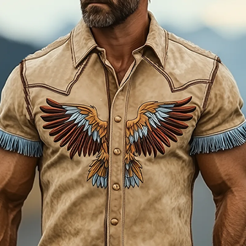 Men's Casual American Retro Western Tough Style Thin Suede Embroidery And Tassel Slim Short Sleeve Shirt MTA2913E3K sold by Manly product image thumbnail 4