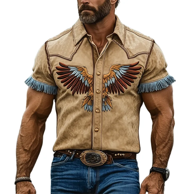 Men's Casual American Retro Western Tough Style Thin Suede Embroidery And Tassel Slim Short Sleeve Shirt MTA2913E3K sold by Manly