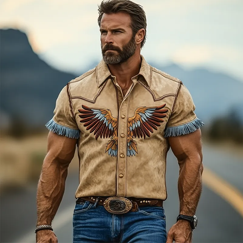 Men's Casual American Retro Western Tough Style Thin Suede Embroidery And Tassel Slim Short Sleeve Shirt MTA2913E3K sold by Manly product image thumbnail 3