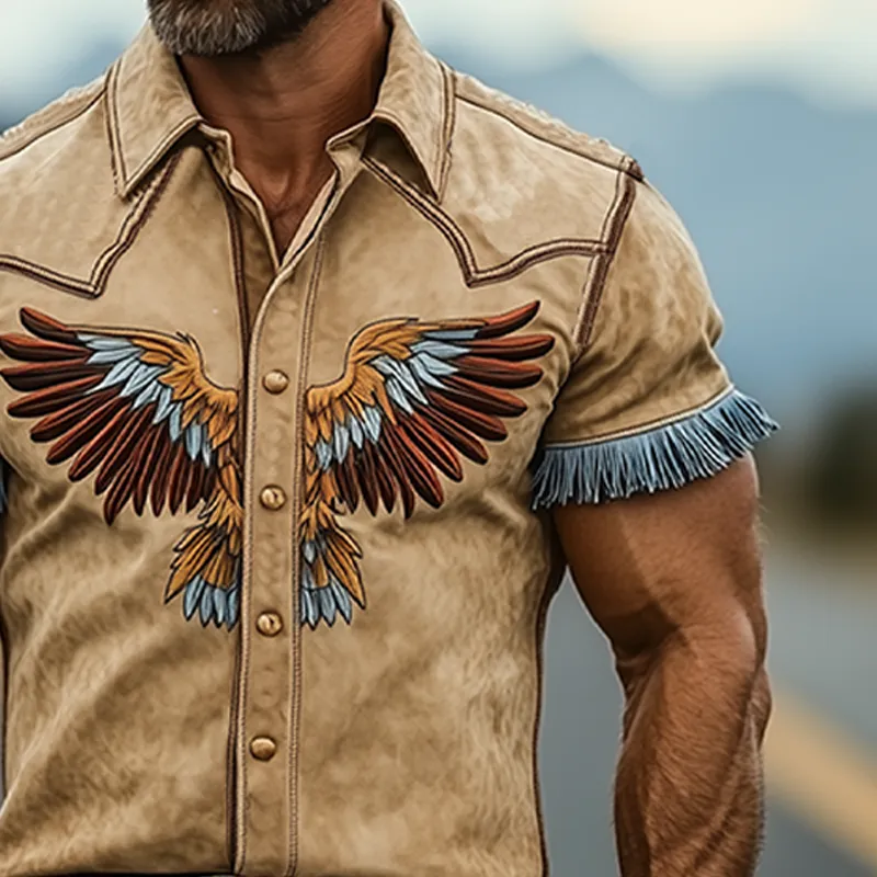 Men's Casual American Retro Western Tough Style Thin Suede Embroidery And Tassel Slim Short Sleeve Shirt MTA2913E3K sold by Manly product image thumbnail 5