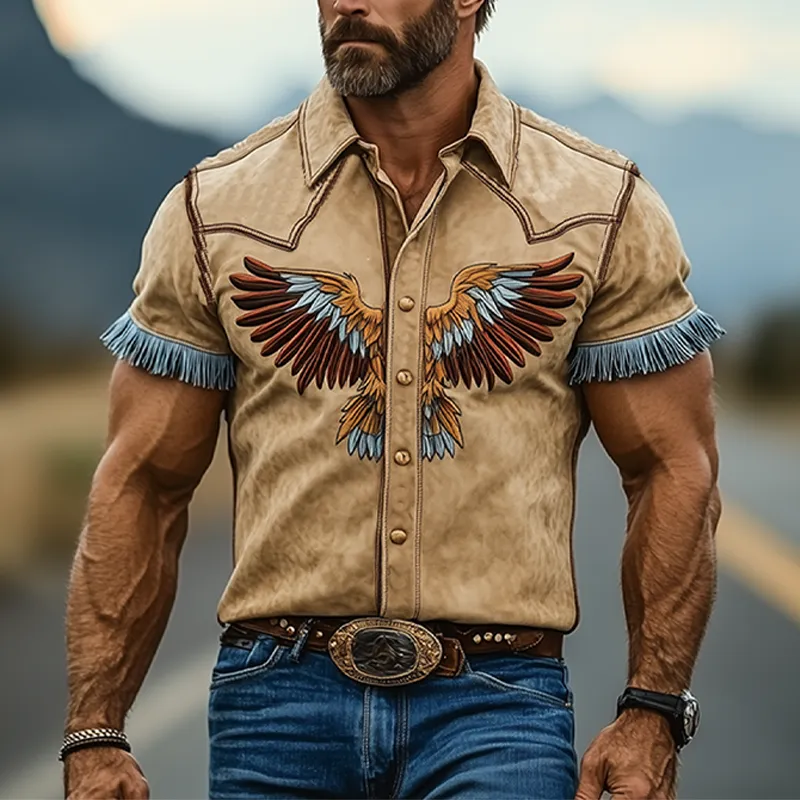 Men's Casual American Retro Western Tough Style Thin Suede Embroidery And Tassel Slim Short Sleeve Shirt MTA2913E3K sold by Manly product image thumbnail 2