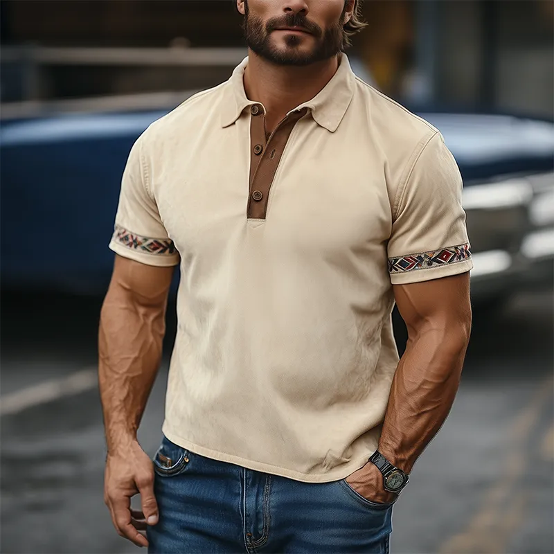 Men's Fashion Casual American Retro Western Tough Style Thin Suede Cuff Embroidery Slim Short-sleeved Polo Shirt MTA2930E4K sold by Manly product image thumbnail 3