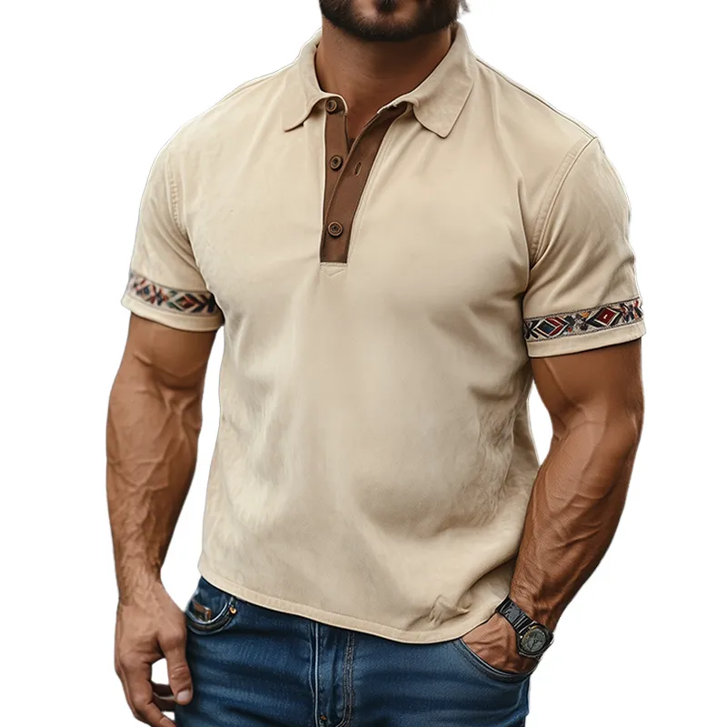 Men's Fashion Casual American Retro Western Tough Style Thin Suede Cuff Embroidery Slim Short-sleeved Polo Shirt MTA2930E4K sold by Manly