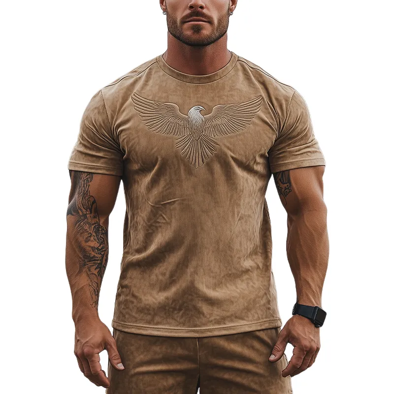 Men's Fashion Casual American Retro Western Tough Style Thin Suede Eagle Embroidery Slim Short-sleeved T-shirt MTA2992E3K sold by Manly