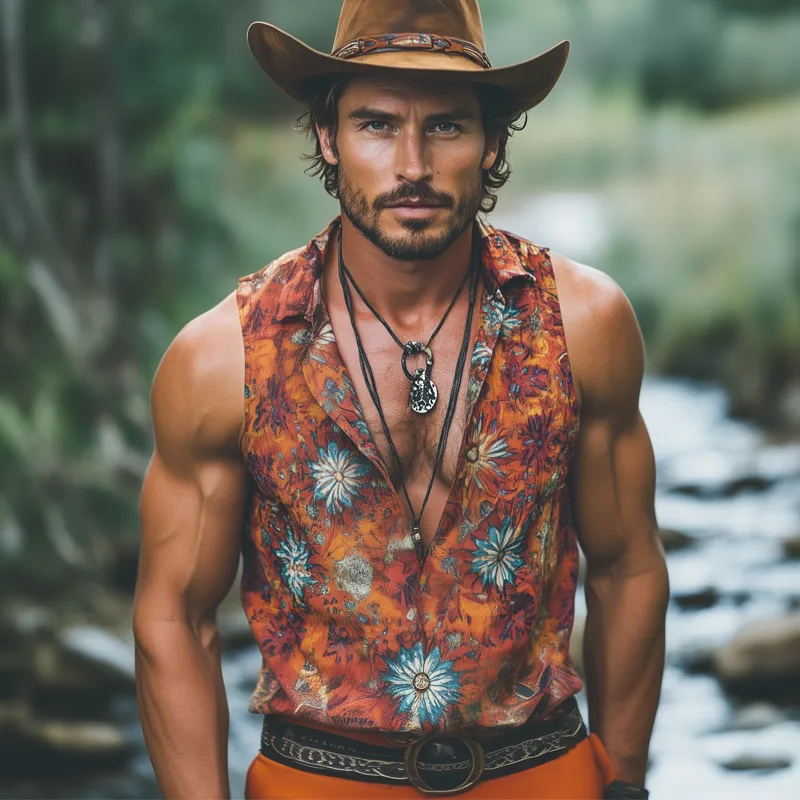 Men's Summer Deep V Neck Retro Print Beach Tank Top MTA0695F2U sold by Manly product image thumbnail 3