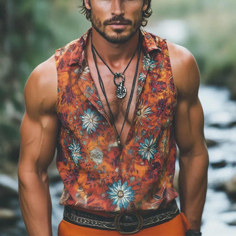 Men's Summer Deep V Neck Retro Print Beach Tank Top MTA0695F2U sold by Manly product image thumbnail 2