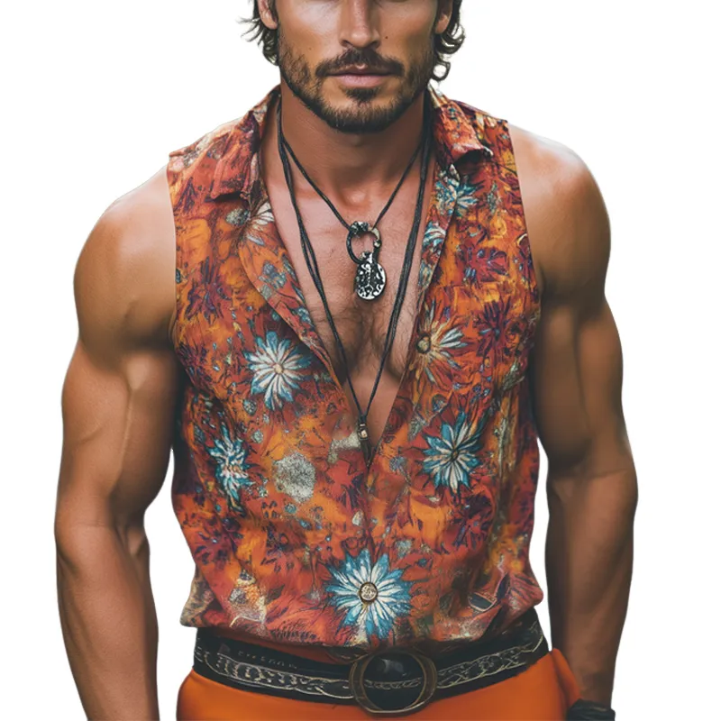 Men's Summer Deep V Neck Retro Print Beach Tank Top MTA0695F2U sold by Manly