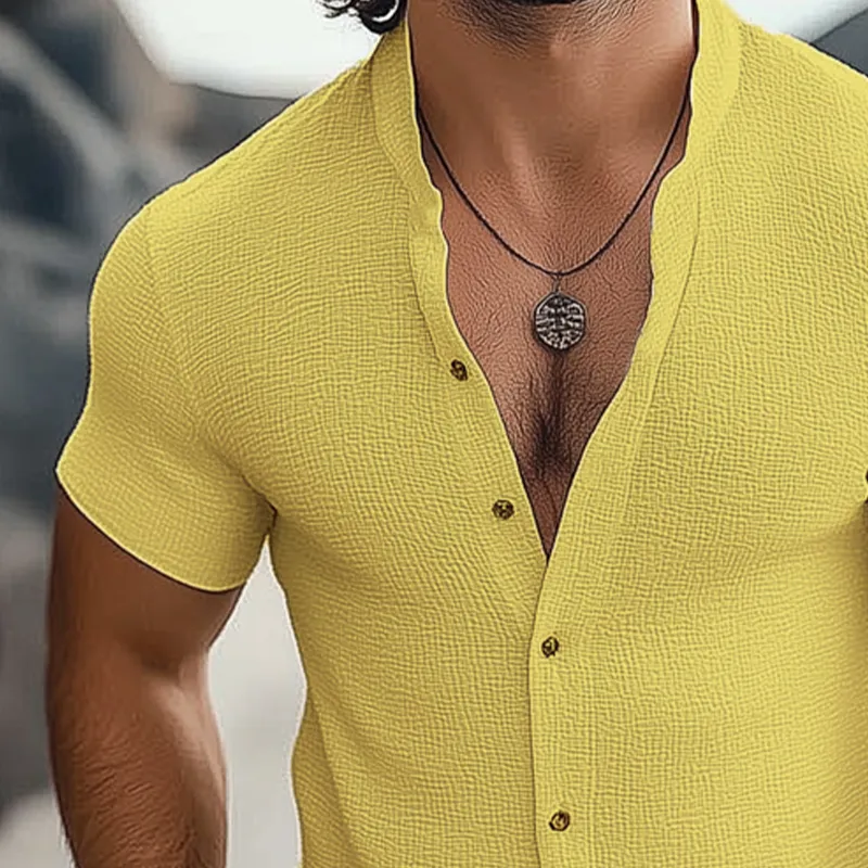 Men's Summer Textured Stand Collar Short-Sleeved Shirt MTA0722F6U sold by Manly product image thumbnail 4