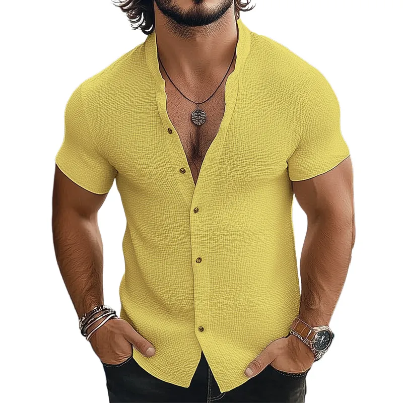 Men's Summer Textured Stand Collar Short-Sleeved Shirt MTA0722F6U sold by Manly