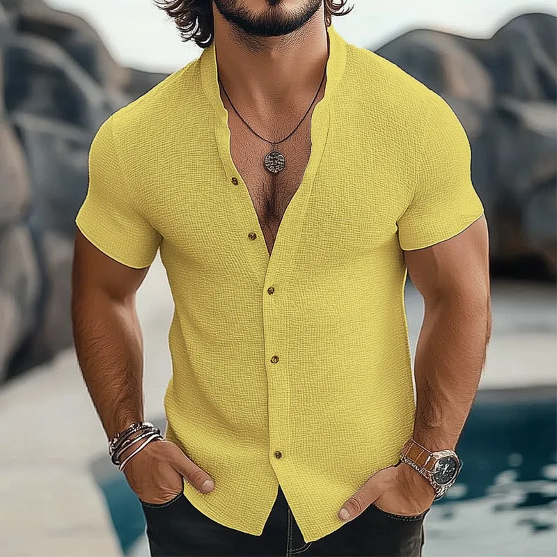 Men's Summer Textured Stand Collar Short-Sleeved Shirt MTA0722F6U sold by Manly product image thumbnail 2