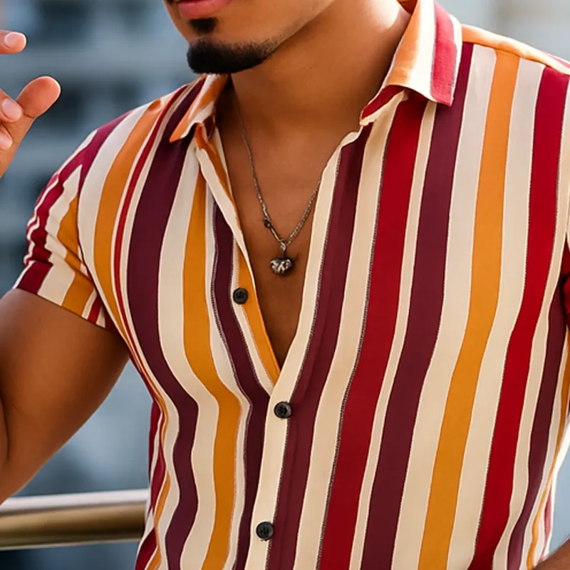 Men's Summer Classic Color Vertical Striped Short Sleeve Shirt MTA0545F3U sold by Manly product image thumbnail 3