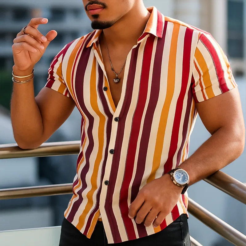 Men's Summer Classic Color Vertical Striped Short Sleeve Shirt MTA0545F3U sold by Manly product image thumbnail 2