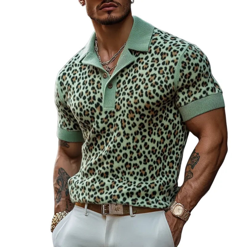 Men's Fashion Leopard Print Knitted Short-sleeved Polo Shirt MTA0754F7Y sold by Manly